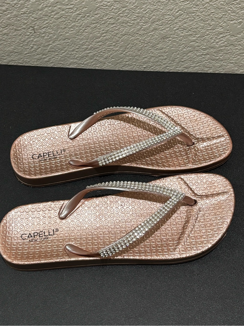 Capelli of New York Rose Gold Rhinestone Strap Flip Flop Sandals
